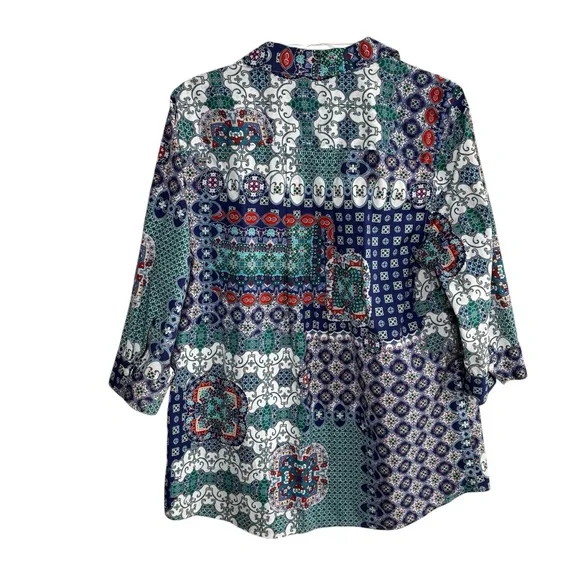 Chicos Multi Color Mosaic Button Down Tunic No Iron Shirt Size 2 Large Pockets - Picture 2 of 15